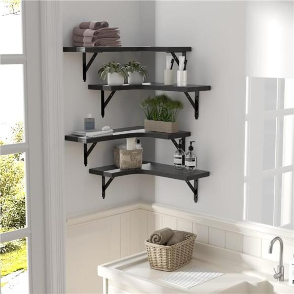 Corner Floating Shelves Wall Mounted Set of 4, Rustic Wood Storage Display Wall - Picture 6 of 8